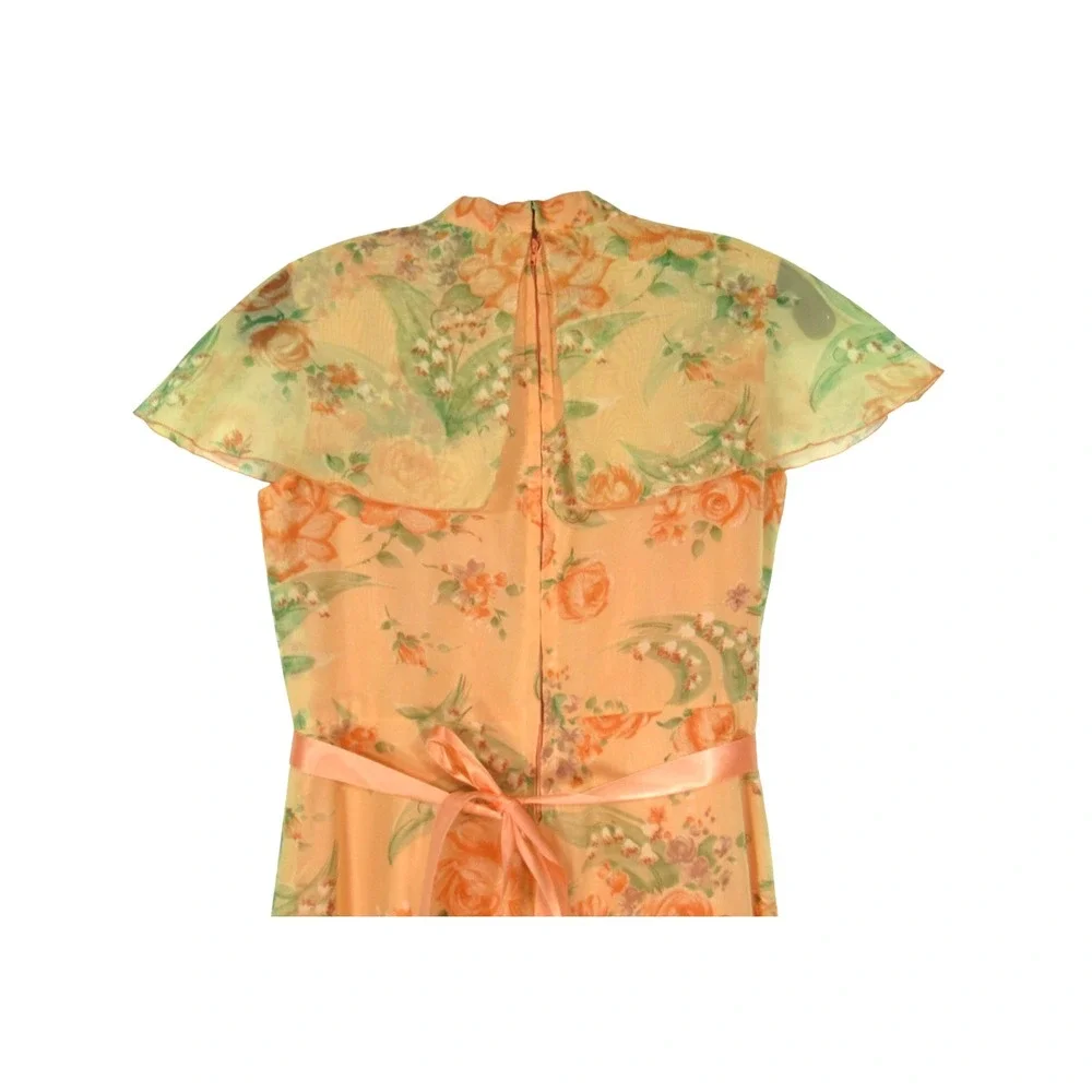 VTG Lined CHIFFON Orange/Yellow FLORAL Party CAPELET DRESS Bust-31